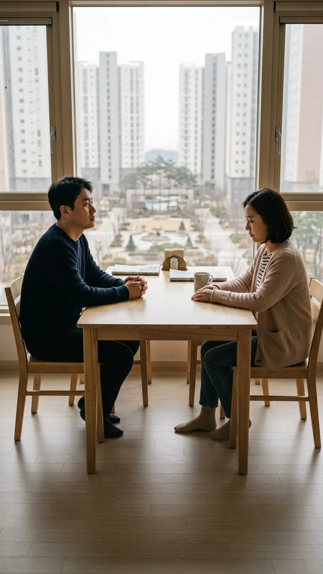 거실 식탁에 마주 앉아 이야기를 나누는 부부 — 연출 이미지