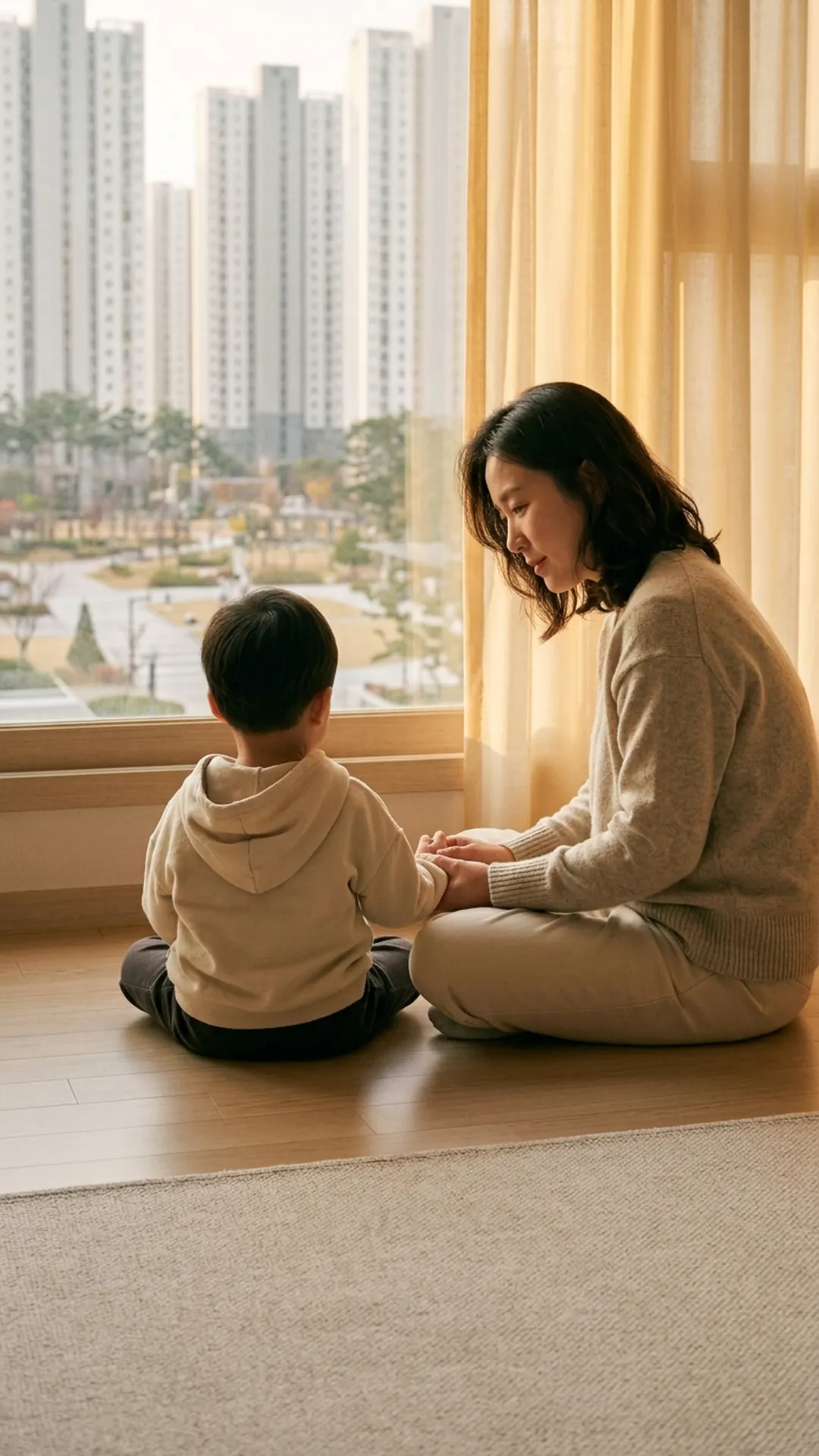 거실 바닥에서 아이와 마주 앉아 대화하는 부모 — 연출 이미지