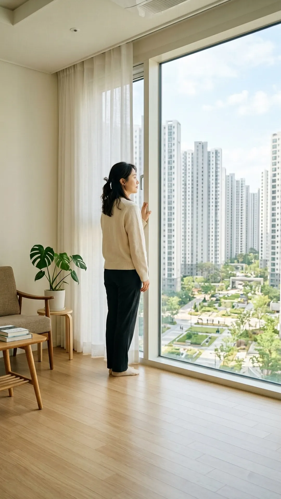 창가에 서서 생각에 잠긴 여성 — 연출 이미지